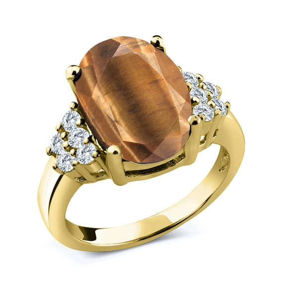 Gem Stone King 18K Yellow Gold Plated Silver Ring Oval Brown Tiger Eye and Moissanite (4.38 Cttw, Size 6)