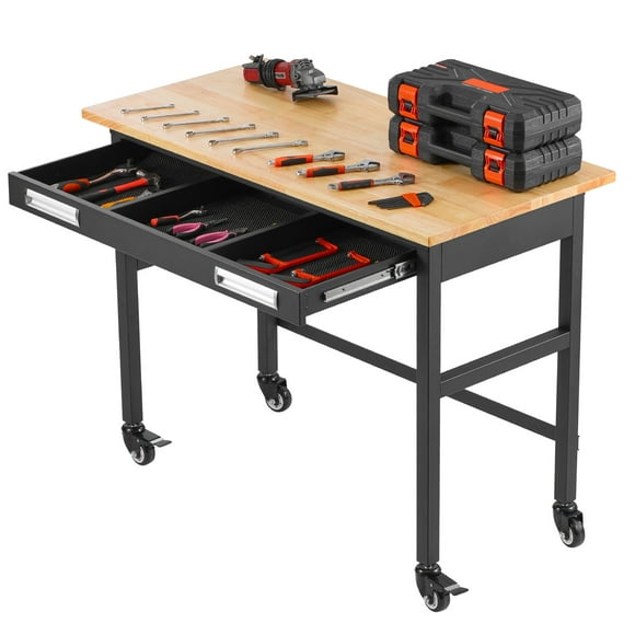 KFFKFF 48" Workbench, Supports up to 1500 lbs, Includes Sliding Drawer and Wheels, Mobile Workbench with Durable Oak Wood Surface for Garage, Workshop, Office, and Home Use