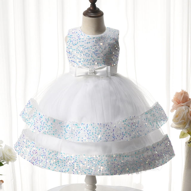 Levmjia Robe de Soirée Sans Manches pour Filles Robe de Princesse Robe de Mariage à Sequins Couleur Unie Perle Robe pour Filles