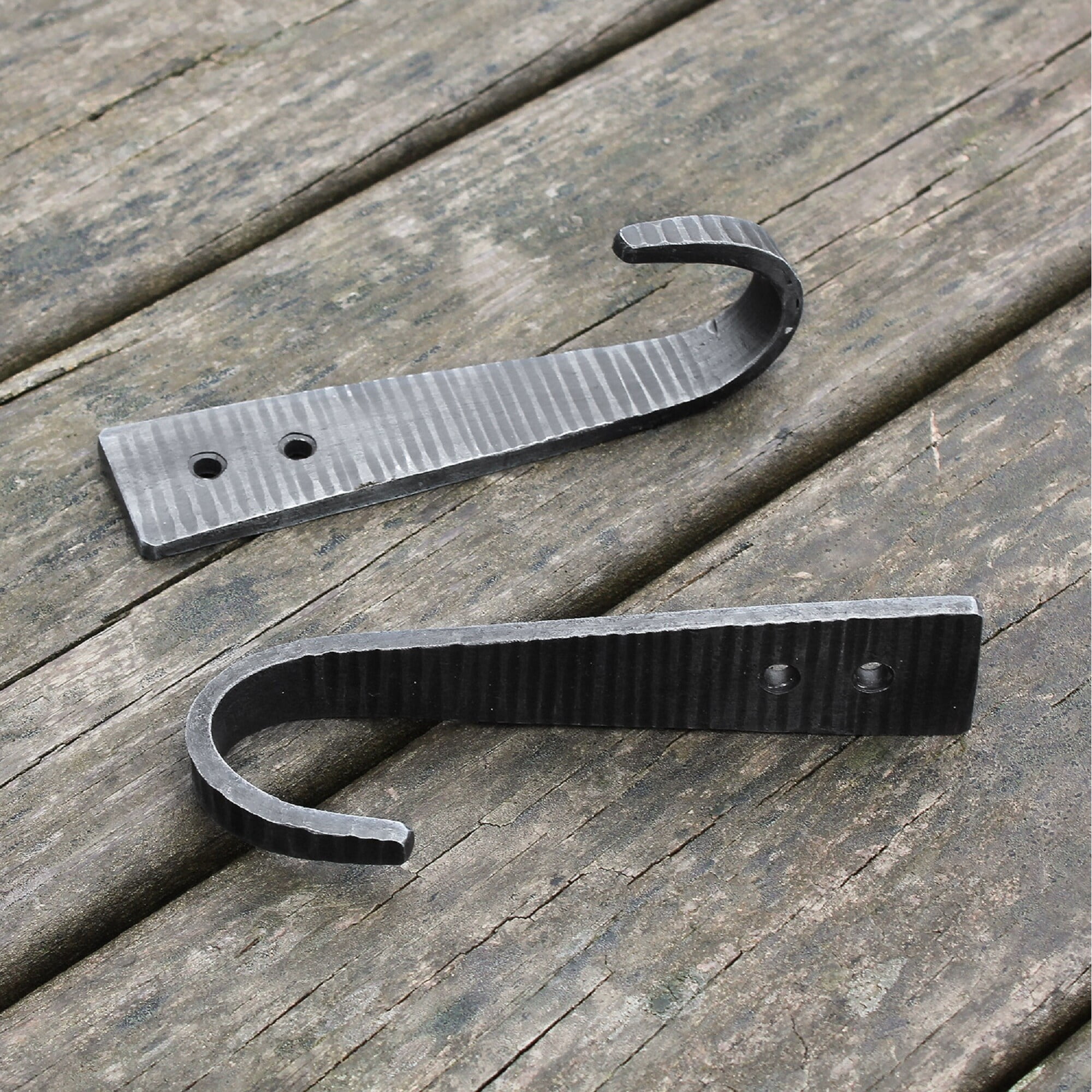 Achla Designs Set of 2 Hammered Strap Upturned Wall J-Hooks, 6.5 Inch Tall, Black Powder Coat Finish