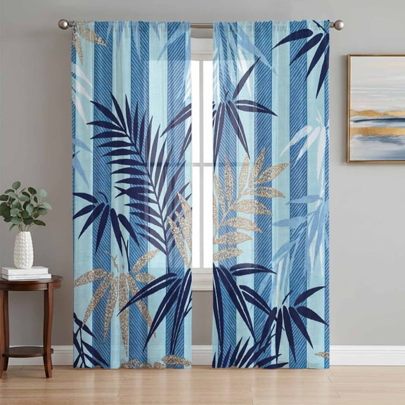 Blue Tropical Leaves Sheer Curtains 84 Inch Length 2 Panels Set, Summer Botanical Ferns Stripes Voile Window Treatment Rod Pocket Curtains Sheers Drapes for Bedroom/Living Room/Kitchen 52"x84"x2