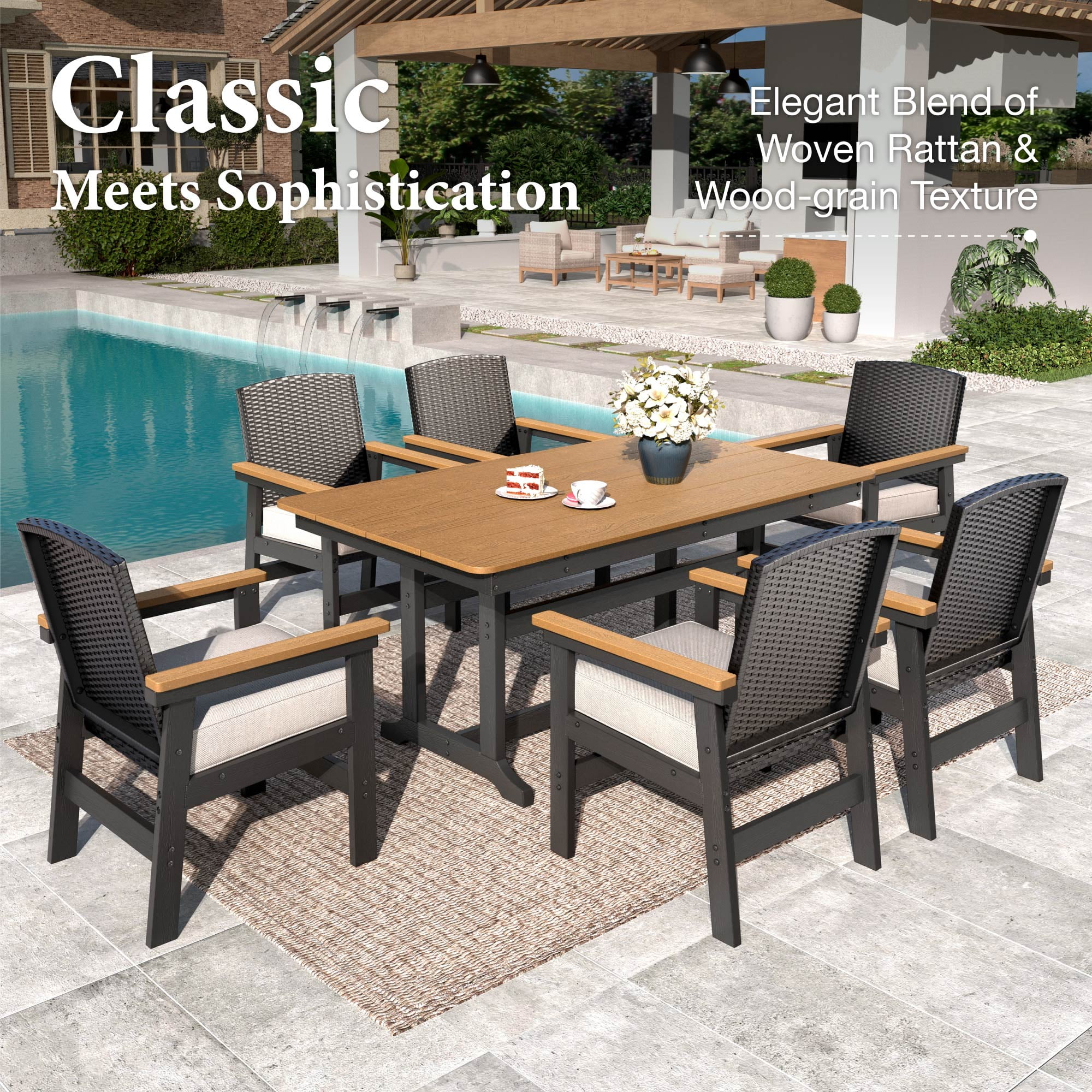 MF Studio 7-Piece Patio Furniture Dining Set, HDPE Outdoor Table & 6 Wicker Chairs with 3.2" Cushions, Black