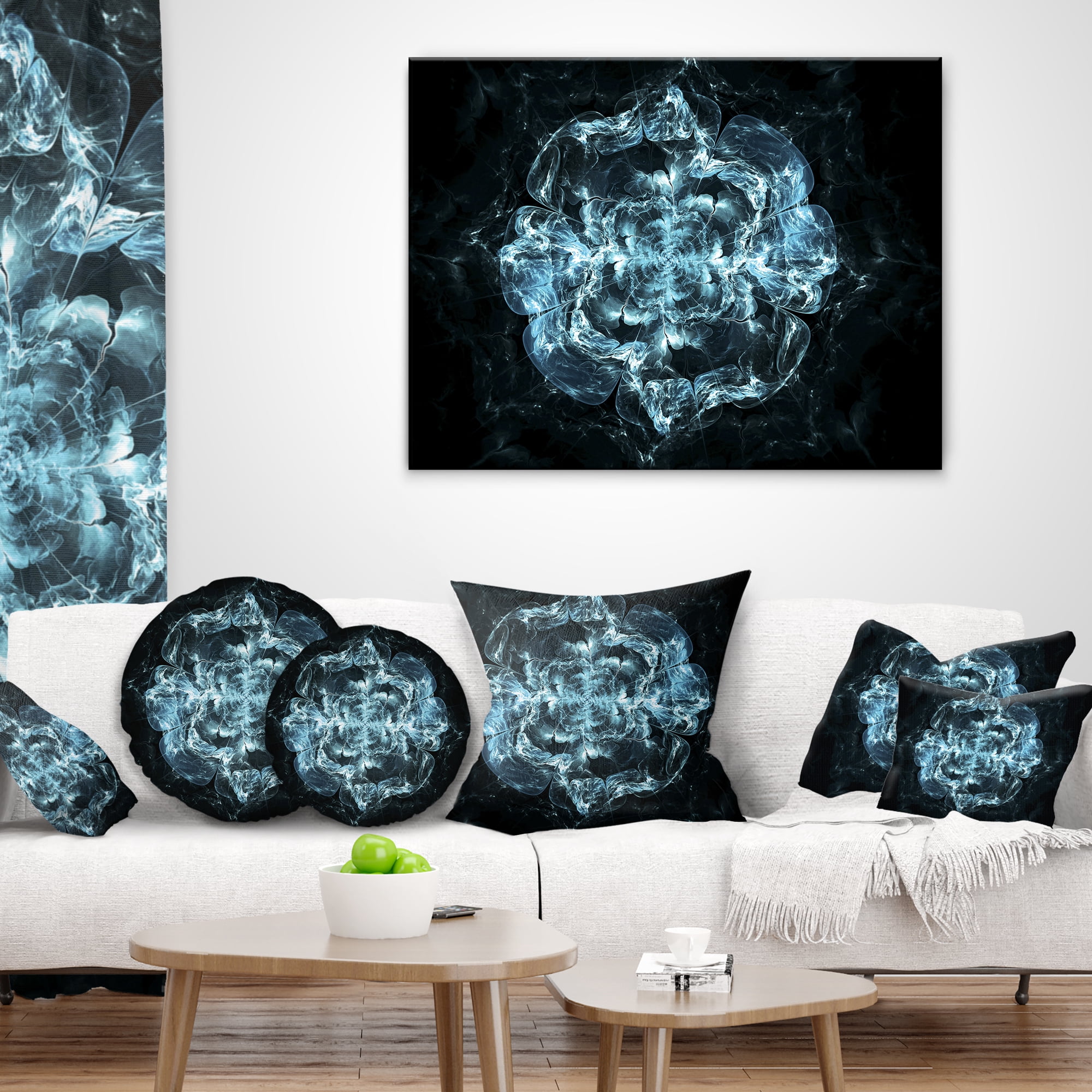 Designart Fractal Blue Flower Explosion - Floral Throw Pillow - 18x18