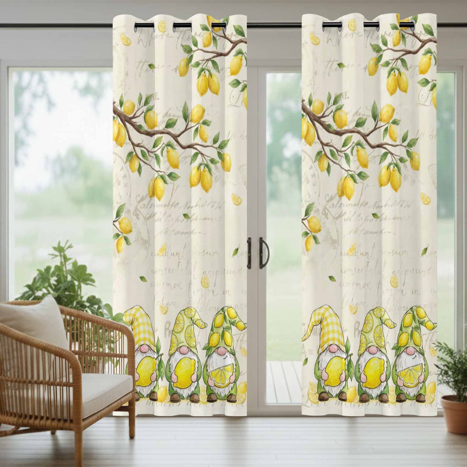 Outdoor Curtains for Patio Waterproof, Lemon Gnomes Windproof Pravicy Outside Porch Blackout Curtain, Summer Tropical Lemon Fruits Farmhouse Sun Blocking Grommets Curtains 2 Panels 54"x108"