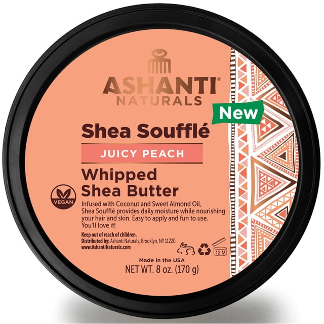 Ashanti Naturals Manteca de karité batida perfumada para la piel | Mantequilla corporal africana para mujeres con aceite de almendras y coco (souffle de melocotón jugoso 8 oz)