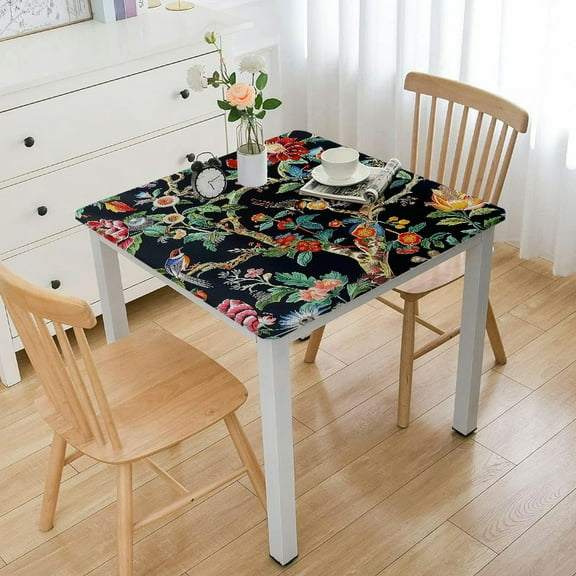 BANET Cotton Print Tablecloth in Ceylan Floral, Noir Black |Machine Washable Fabric white