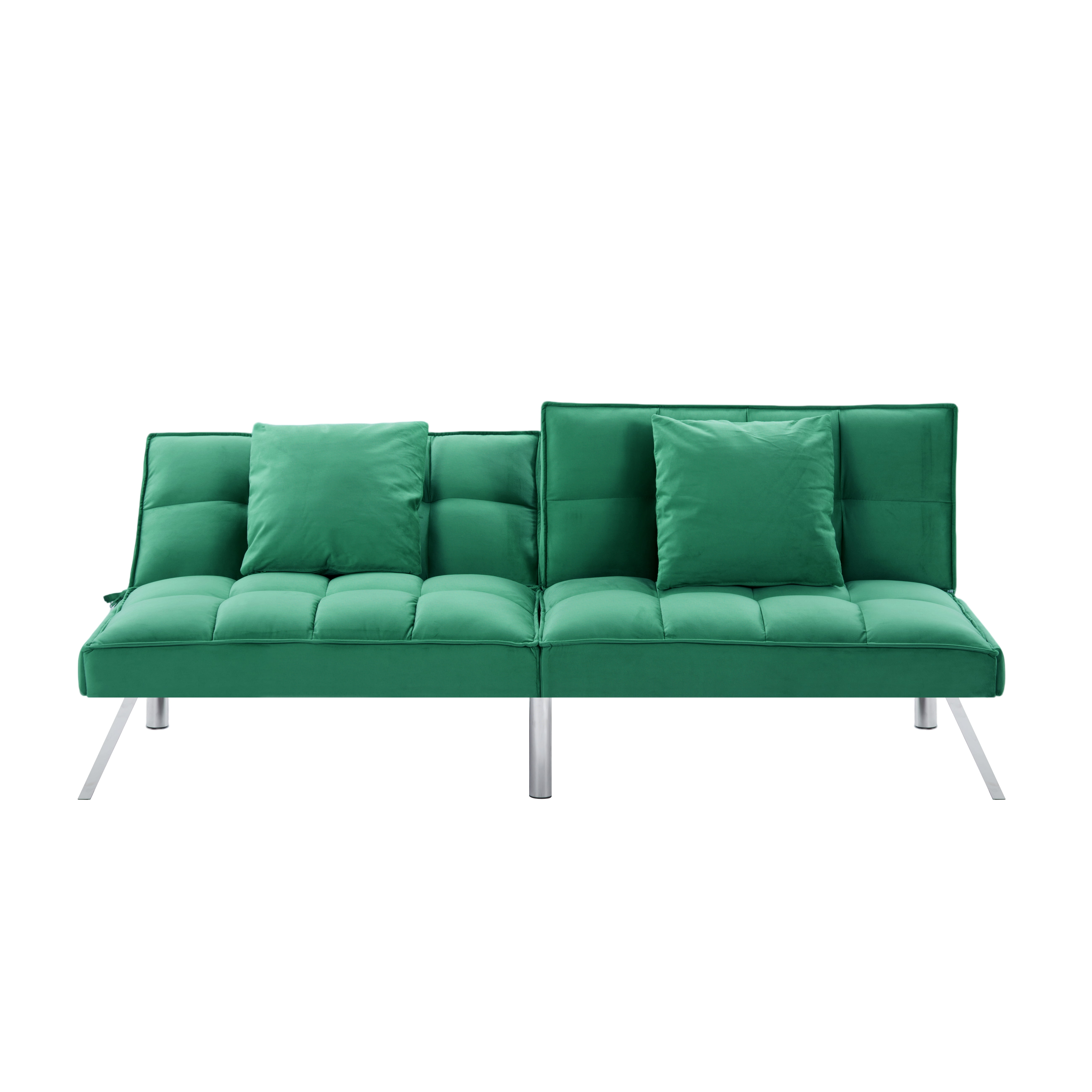 Gewnee Modern Velvet Futon Sofa Bed,67.7" Convertible Sleeper Sofa Bed with Throw Pillows，5 Adjustable Backrest Angles,Loveseat for Small Place,Green