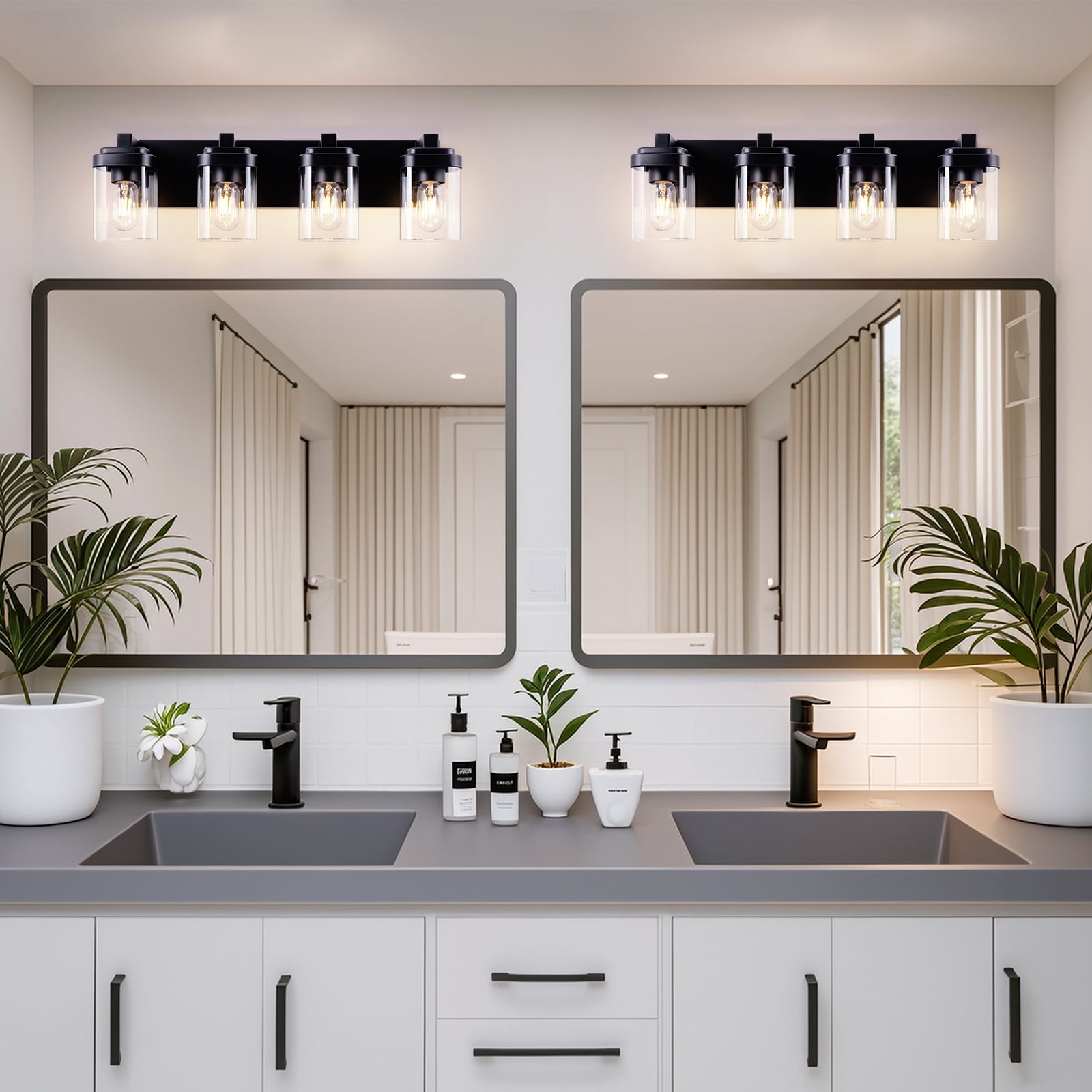 4-Light Black Bathroom Vanity Light, Modern Vanity Lighting Fixture for Bathroom, 24.09" Matte Light Fixture, Wall Sconces with Clear Glass Shade, Black Bathroom Wall Light Over Mirror