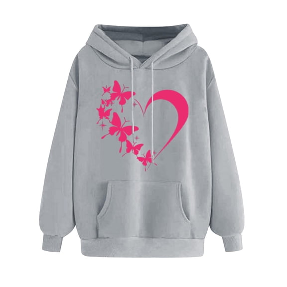 Htigea Heart Graphic Hoodies for Women Drawstring Long Sleeve Sweatshirts Cute Holiday Casual Pullover Tops with Pockets Gray S