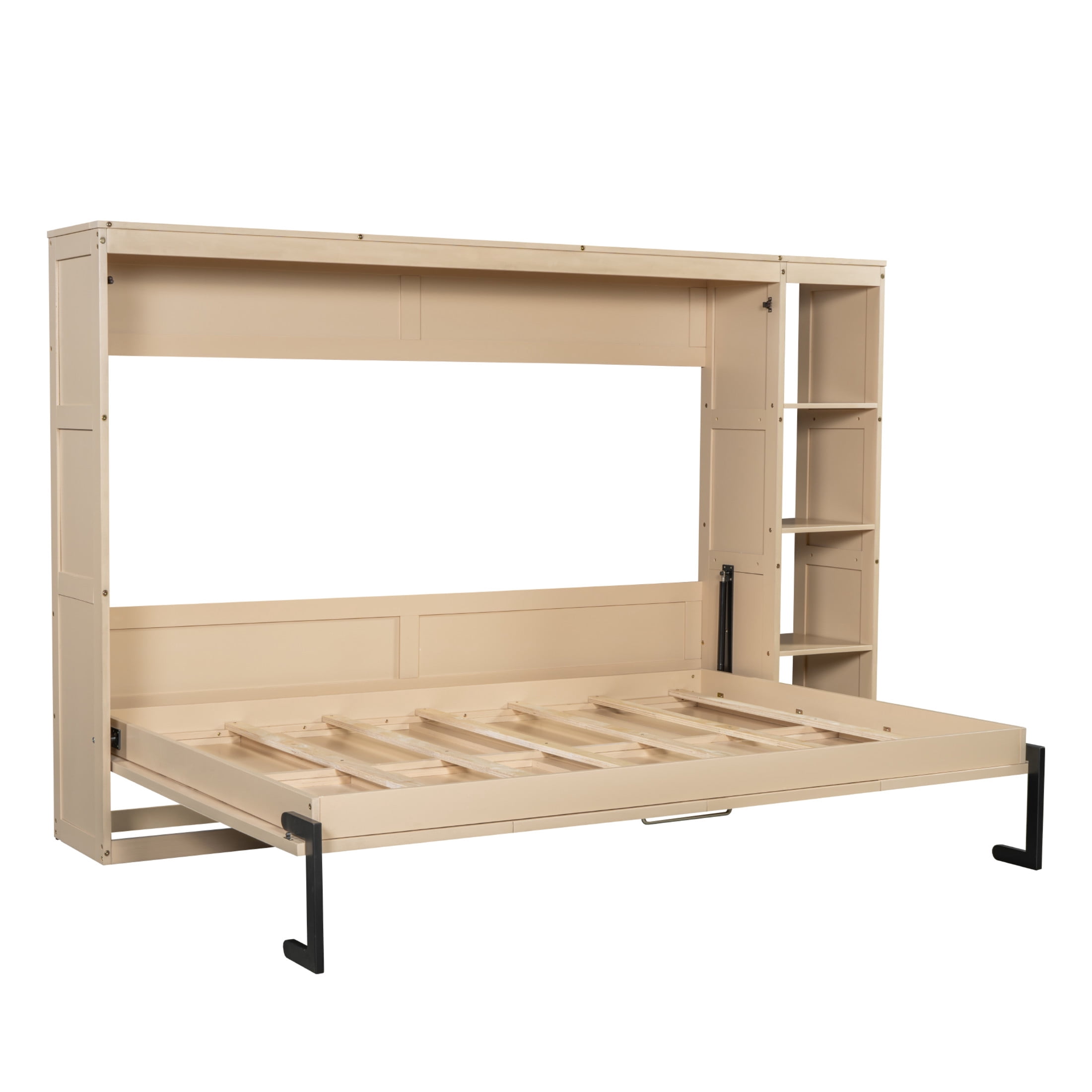 Noble House Vayen Full Size Murphy Bed with Integrated Bookshelf, Wood Wall Bed Cabinet, Space-Saving Design, Natural