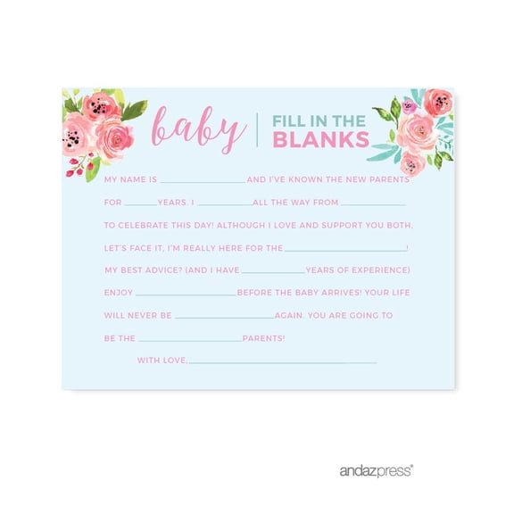 Baby Shower Pink Roses English Tea Party, Baby Fill in the Blanks Cards, 20-Pack, Games