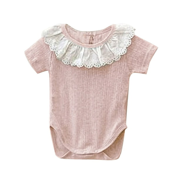 Gibobby Pañalero de algodón de manga corta de algodón con cuello de encaje para niños recién nacidos, niñas y niños, ropa(Rosa, 0-6 Meses)