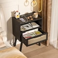 thumbnail image 6 of LELELINKY 2pc Rattan Nightstand with Charging Station, Boho Bedside Table with Handmade Drawer & Open Shelf for Bedroom, Black New, 6 of 7