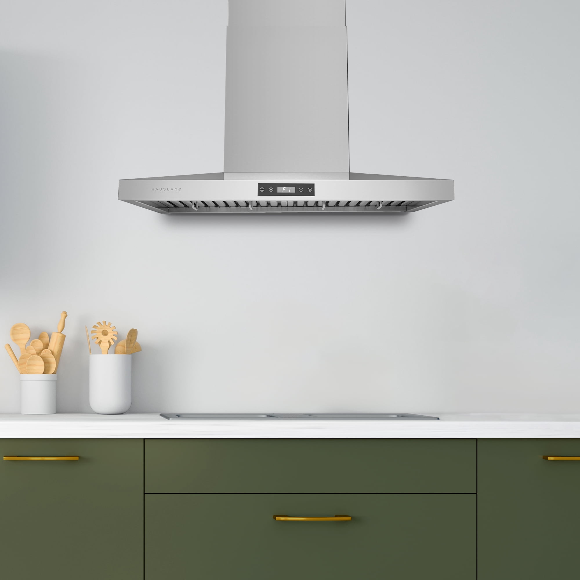 Hauslane WM-540 30” Wall Mount Range Hood Contemporary Stainless Steel Low Noise, Full-Size Handles, Baffle Filters, LED Lamps | 120V