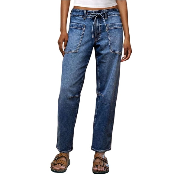 Women's High Waist Loose Straight-Leg Jeans - 9/10 Length With Pockets Moderate Stretch Denim Pants, Blue Size L