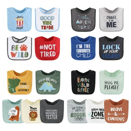 

The Peanutshell Baby Boy Terry Bibs 18 Pack for Feeding Teething or Drooling Funny Sayings/Dino Boy