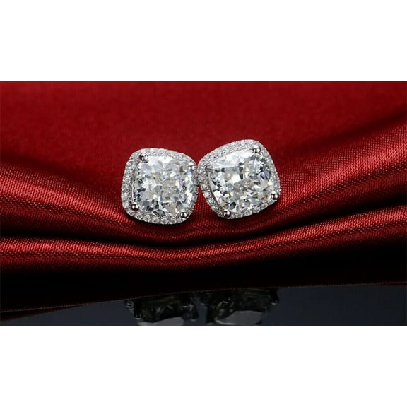 4TCW Cushion Cut Lab Created Diamond Women's Men's Halo Stud Earrings 14k White Gold Plated