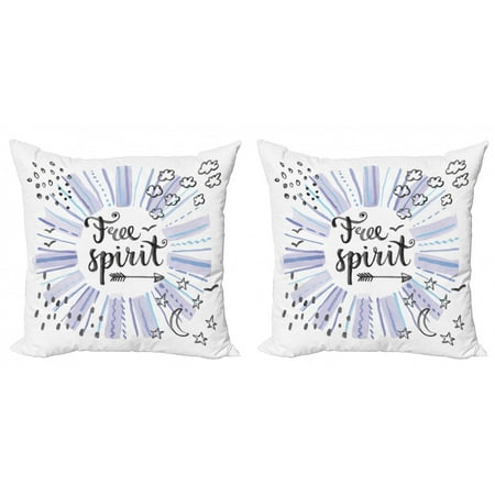 Saying Throw Pillow Cushion Cover Pack of 2, Watercolor Lettering Free Spirit Starburst Inspired Doodled Stars Clouds Dots, Zippered Double-Side Digital Print, 4 Sizes, Multicolor, by Ambesonne