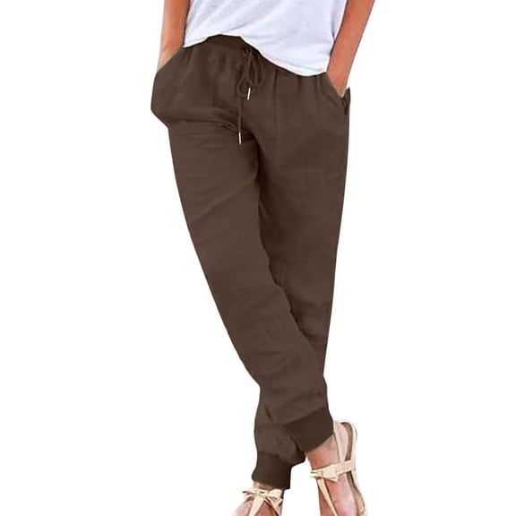 Staron Women's Casual Tapered Pants Cotton Linen Blend Drawstring Elastic Waist Solid Color Trousers with Pockets, Brown S