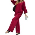 thumbnail image 2 of Women'S Two-Piece Suit Round Neck Basic Top Wide-Leg Pants Suit Dark Red M, 2 of 8
