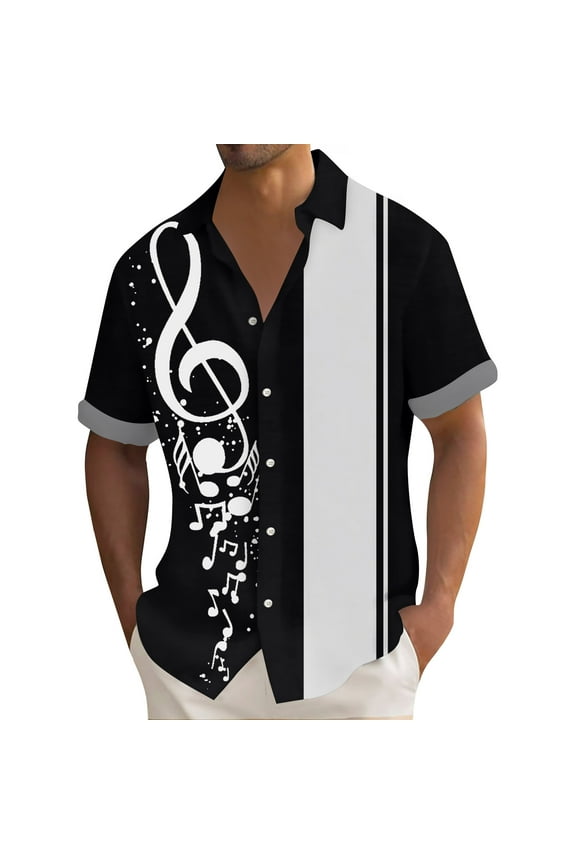 Men's Vintage Bowling Shirt 1950s Retro Rockabilly Style Short Sleeve Button Down Music Hawaiian Shirts Black XL