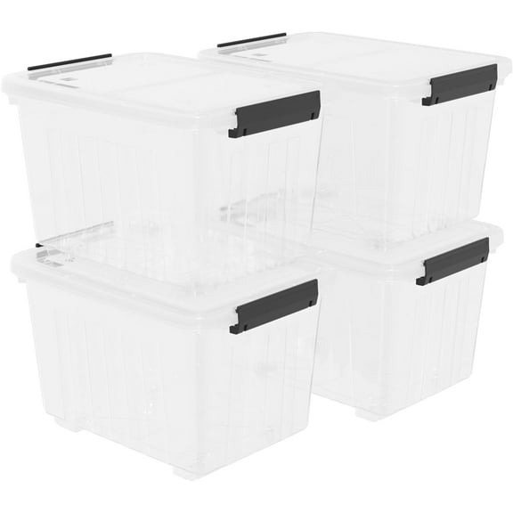 30 Quart Plastic Clear Storage Bin with Wheels, Plastic Latching Bins with Lids, 4 Packs