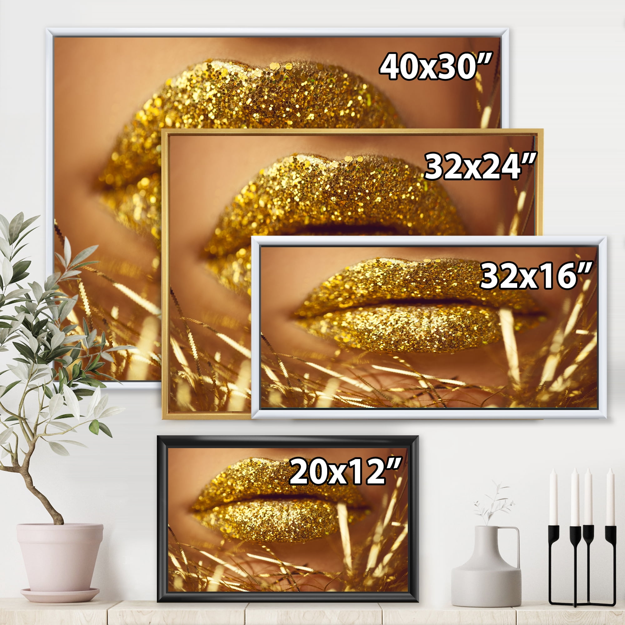 Golden Female Lips 32 in x 24 in Framed Photography Canvas Art Print, by Designart