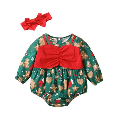 

Yuemengxuan Christmas Casual Printed Long Sleeve Round Neck Romper + Bow Headband