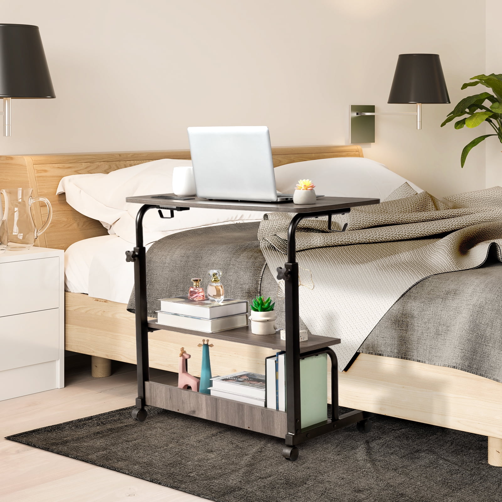 Zimtown Rolling Computer Laptop Desk Adjustable Side Table Sofa End Cart PC Tray with Charging Station