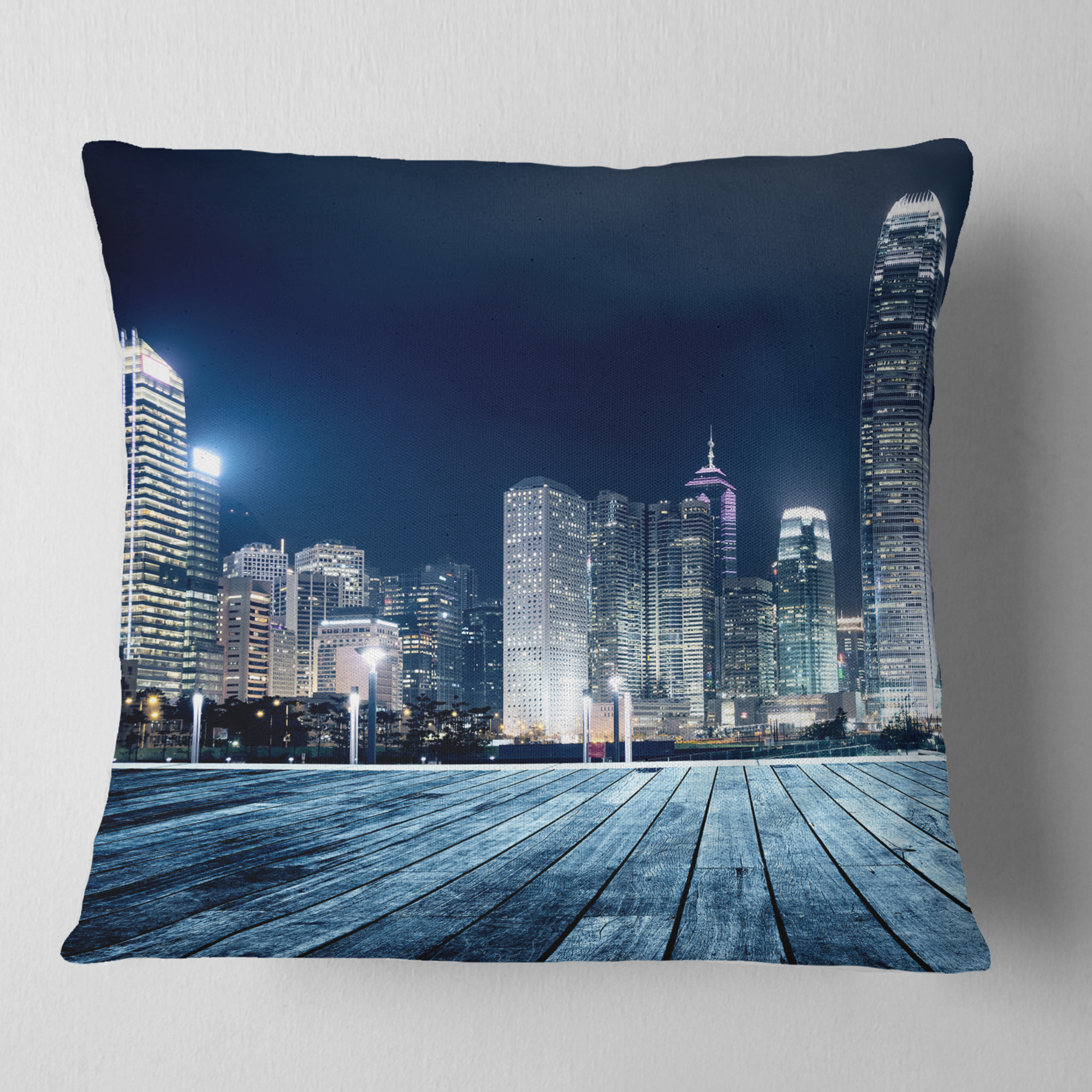Designart Blue Hong Kong City Skyline - Cityscape Throw Pillow - 18x18