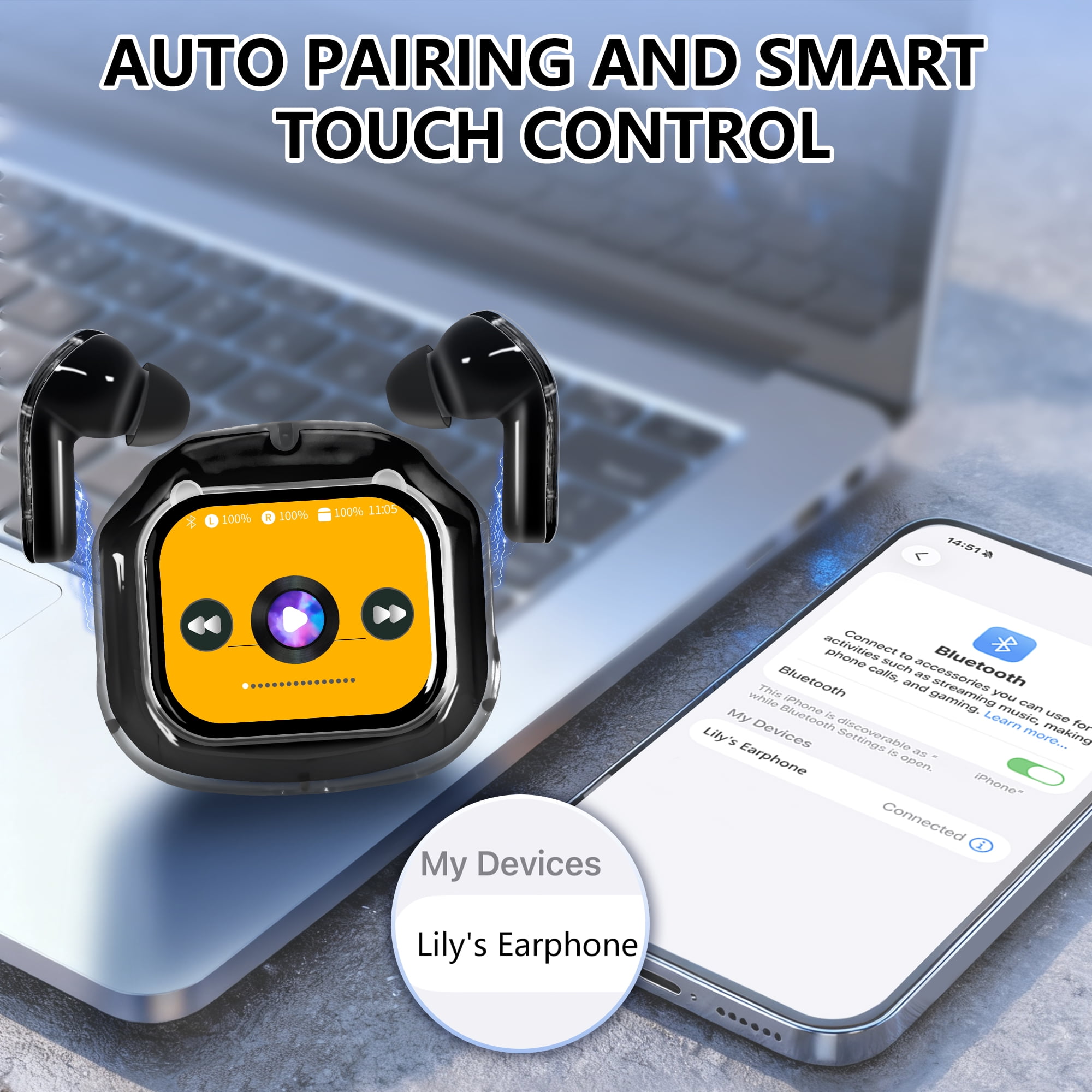ENC Wireless Bluetooth Earphone, Smart Touch Screen Headphone, 24h Playtime for Sports & Working, Stereo Sound Headphone for iOS/Android/Windows, Black