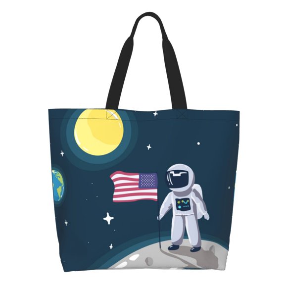 Easygdp Astronaut With USA Flag Print Tote Bags for Women,Women Travel Shoulder Bags Handbags,Big Capacity Shopping Work Bag