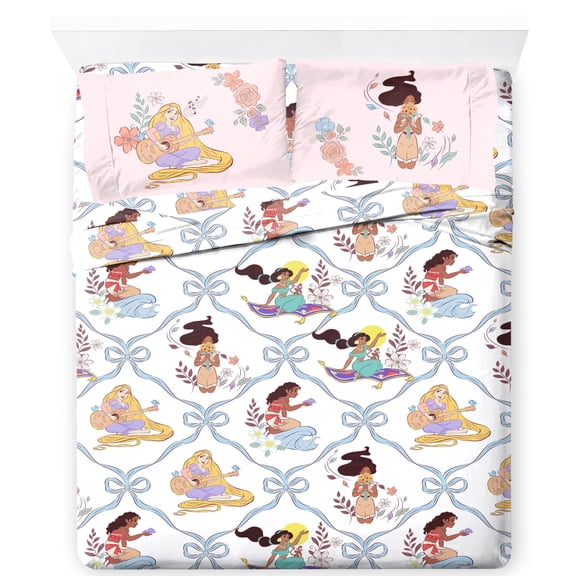 Jay Franco Kids Sheet Set with Fitted, Flat Sheets & Pillow Cover - Ultra-Soft Bedding with Pillowcase for Room Decor, White – Disney Princess, 4 Piece Queen
