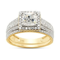 AFFY 1.50CT Princess & Round Moissanite Diamond Halo Bridal Ring Set for Women 14K Solid Yellow Gold-7.5