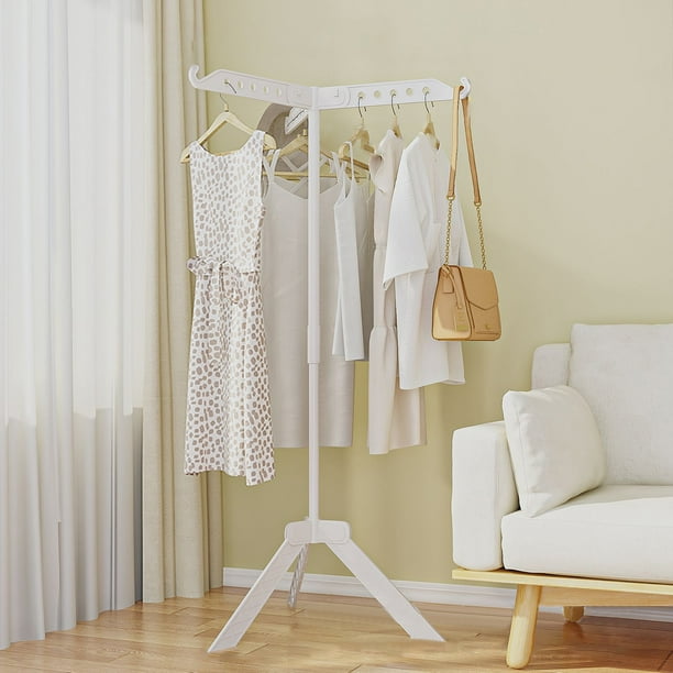 Estante de secado de ropa giratorio plegable de pie blanco, adecuado para dormitorio, colgar ropa y bolsas
