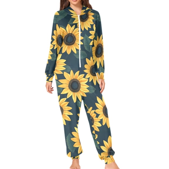 Yellow Sunflowers Green Leaves Adult's Hoodie Onesie Jumpsuit One-Piece Pajamas with Zipper Unisex for Holiday S