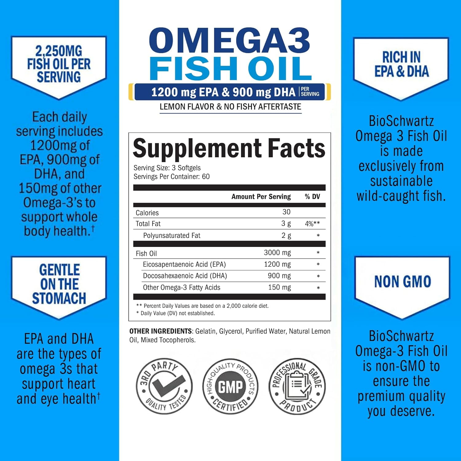 BioSchwartz Triple Strength Omega 3 Fish Oil Supplement with 2250mg EPA and DHA, Lemon, 180 Softgels