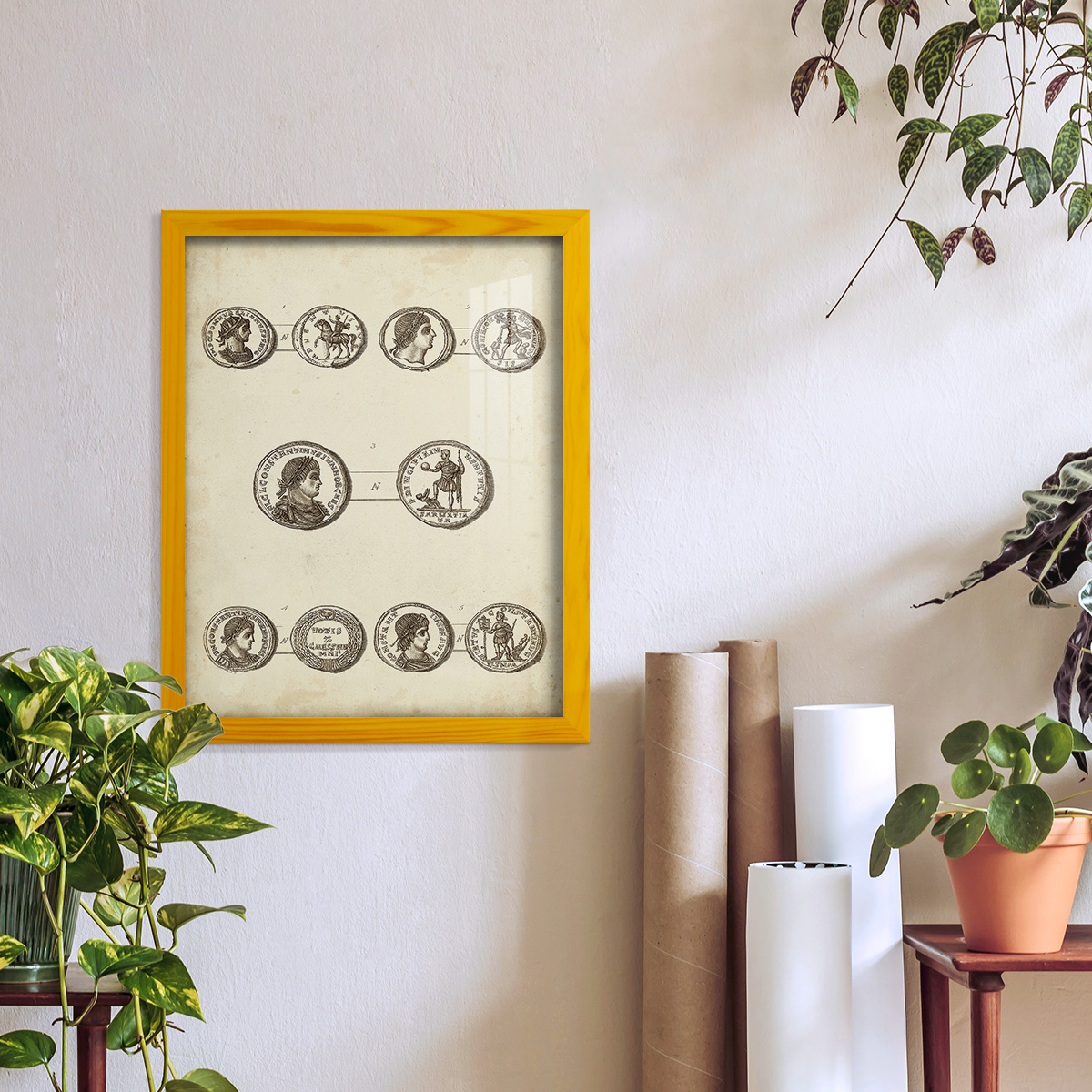 Antique Roman Coins V -Framed Print w/glass-Sunflower Yellow