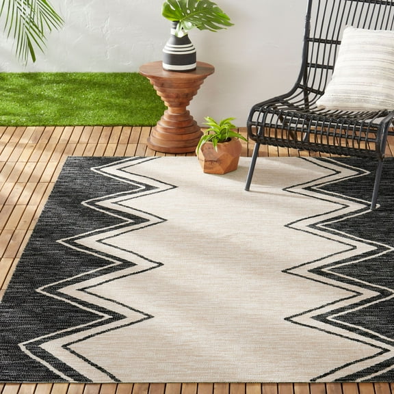Nicole Miller New York Patio Sofia Leon Southwest Tribal Indoor/Outdoor Area Rug , Black/Ivory, 5'2"x7'2"