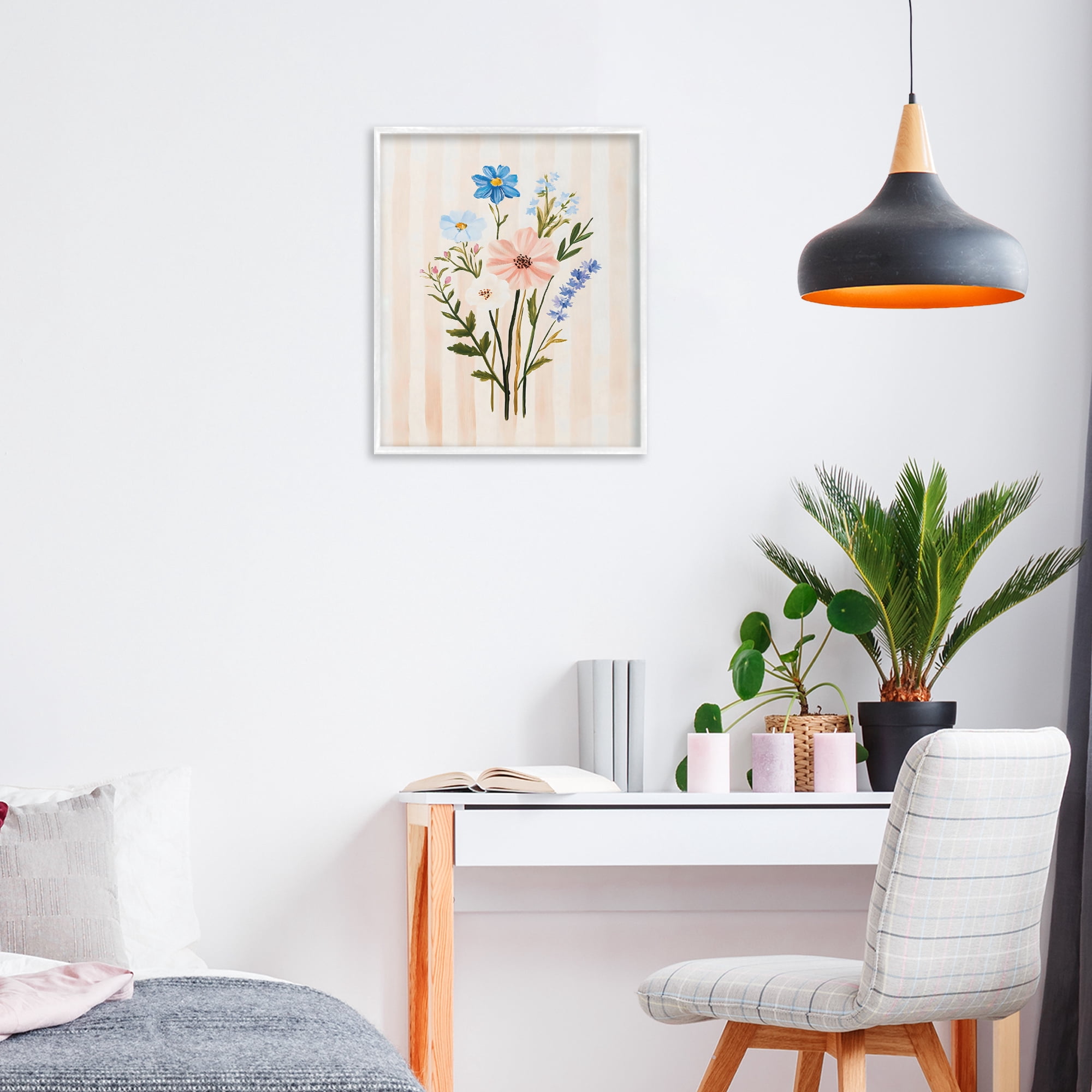 Stupell Industries Cream Stripe Florals White Framed Giclee Art, design by The Prints Vibe