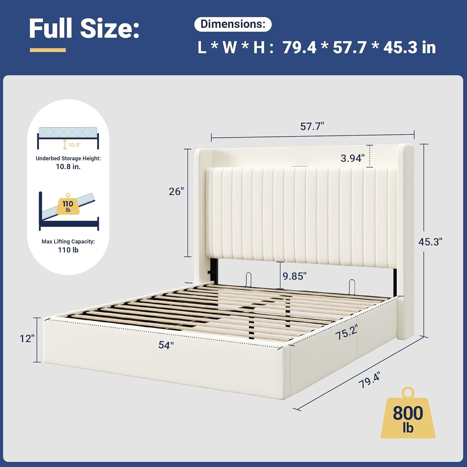 Allewie Full Size Lift Up Storage Bed Frame, Storage Shelf Headboard with Charging Station, Type-C and USB Ports, Hydraulic Support, Velvet Upholstered Bed Frame, No Box Spring Needed, Cream White