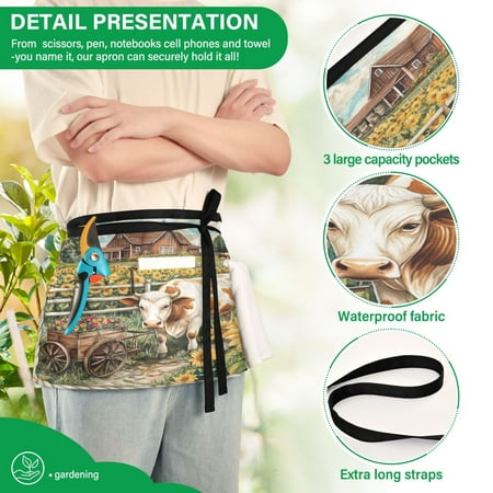 

YAZAOO Aprons with Pockets for Server Aprons with 3 Pockets Water Resistant Half Waist Apron Cow with Cart in Sunflower Field