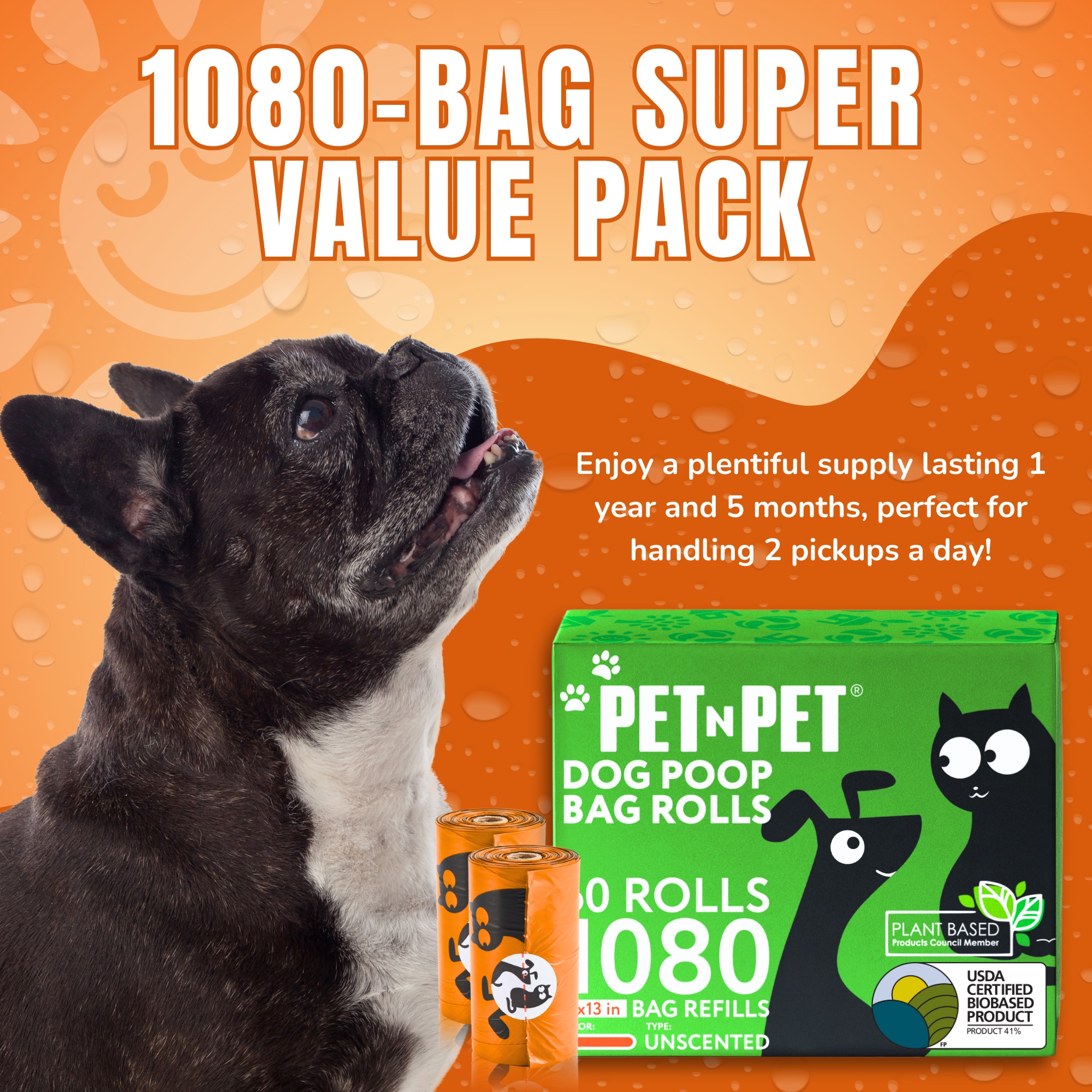 PET N PET Dog Poop Bags, 1080 Count, Unscented, 41% Plant-Based USDA Certified, Leak-Proof Dog Waste Bags, 8 x 15 Inches, Orange