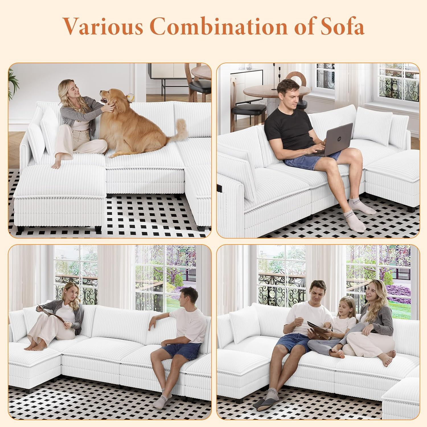 Neche 143" L Shaped Modular Sectional Sofa, Comfy Corduroy Upholstered Modular Sectional Couches for Living Room, Modern Cloud Couch with Ottoman Deep Seat, Warm White