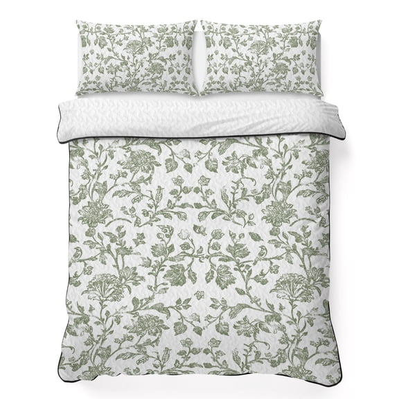 Twin Quilt Set 68''x86'', Sage Green Flower Lightweight Summer Bedspread Coverlet Set with 2 Pillow Shams, Vintage Farmhouse Boho Leaf Spring Breathable All Season Quilt Bedding for Dorm/Bedroom