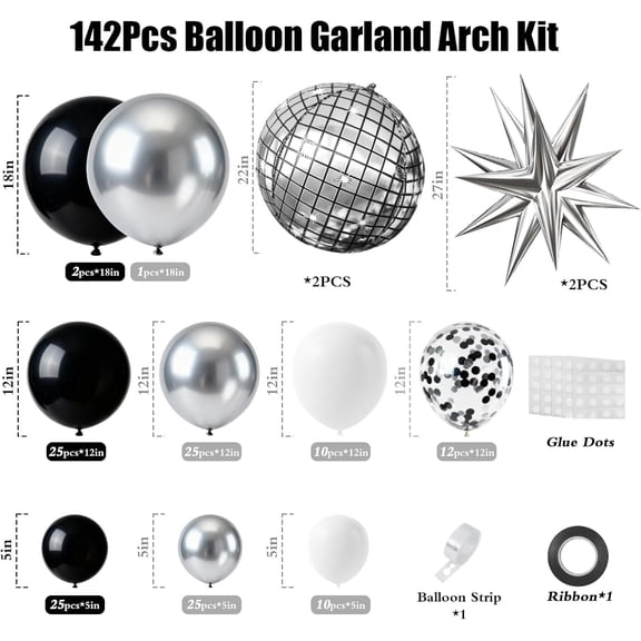 SHILIU-Black Silver White Balloon Garland Arch Kit with Disco Balloons for Birthday Disco Party Christmas New Year's Eve Bachelorette Graduation Party Decorations