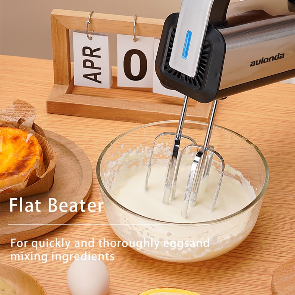 Aulonda 5 Speed Hand Mixer with Turbo Boost,Stainless Steel Kitchen Handheld Mixer Includes 6 Attachments,One-touch baking,Silver