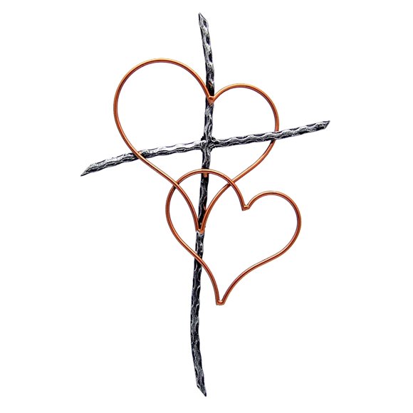 Wowser Silver Toned Metal Wall Cross with Two Interwoven Bronze Toned Hearts, 19 1/2 Inches