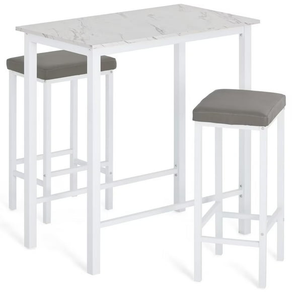 HOMOOI Bar Table and Chairs Set for 2, Pub Counter Height Dining Table Set, 3-Piece White Faux Marble Kitchen Table Set with 2 Backless Stools, Breakfast Nook for Small Space, Apartment