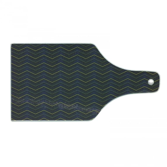 Dark Blue Cutting Board, Modern Geometrical Pattern with Neon Effected Chevron Zigzag Lines, Tempered Glass Cutting and Serving Board, Wine Bottle Shape, Dark Blue Yellow Green, by Ambesonne